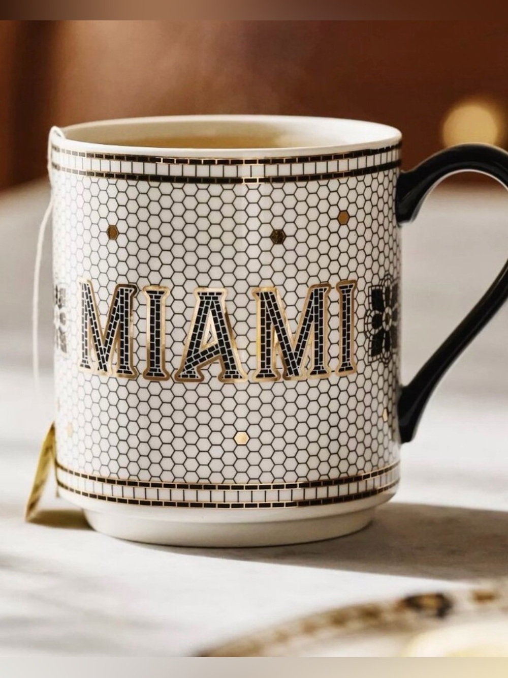 NEW! Anthropologie Miami Bistro Tile Stoneware 24k Gold Accent Jetsetter Mug